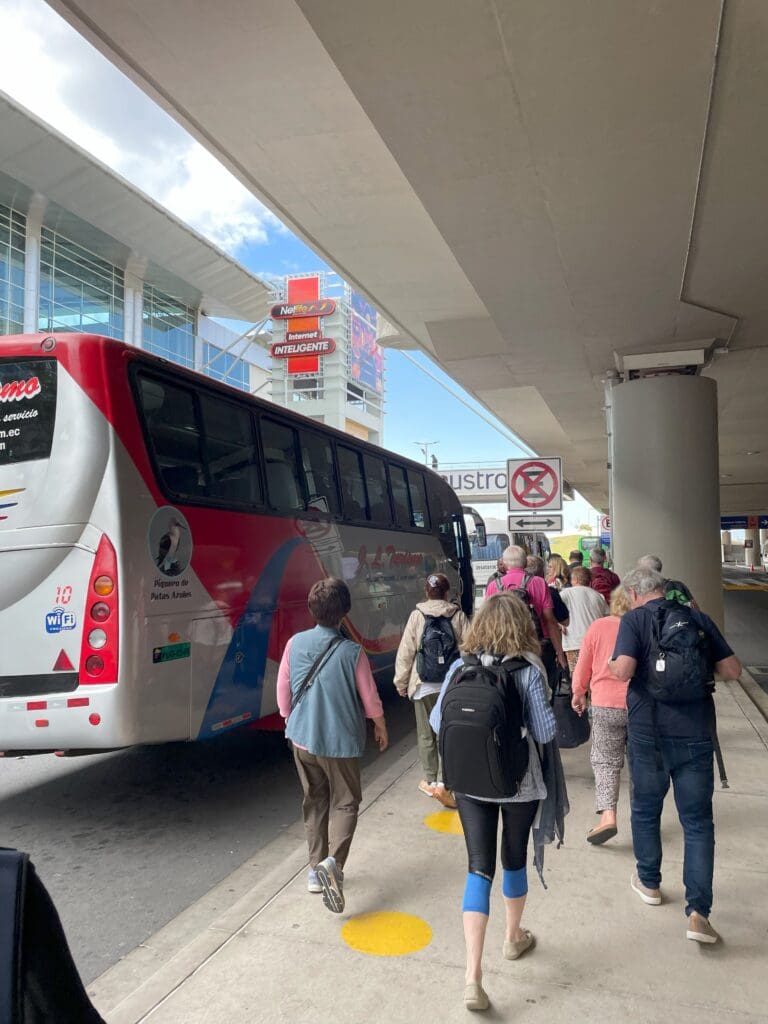 a group of people walking on a sidewalk next to a bus