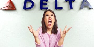 A female passenger screams in front of the Delta Air Lines logo