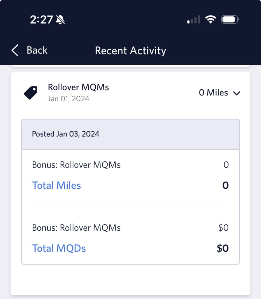 Rollover MQM aren't populating in the Fly Delta app.