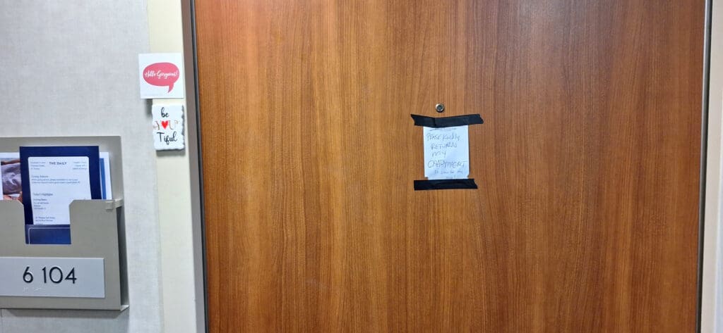 a paper on a door