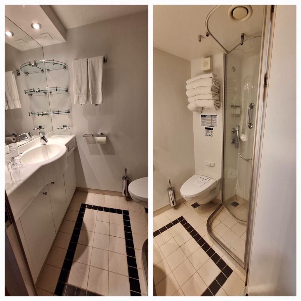 a bathroom with a shower and sink