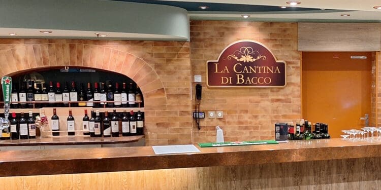 a bar with bottles of wine on the wall