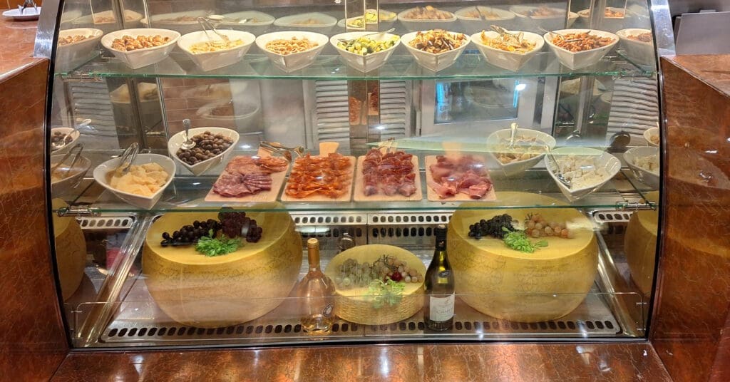 a display case with different types of food