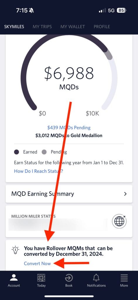 Tap the "You have Rollover MQMs that can be converted by December 31, 2024" on the SkyMiles profile on your Fly Delta app.