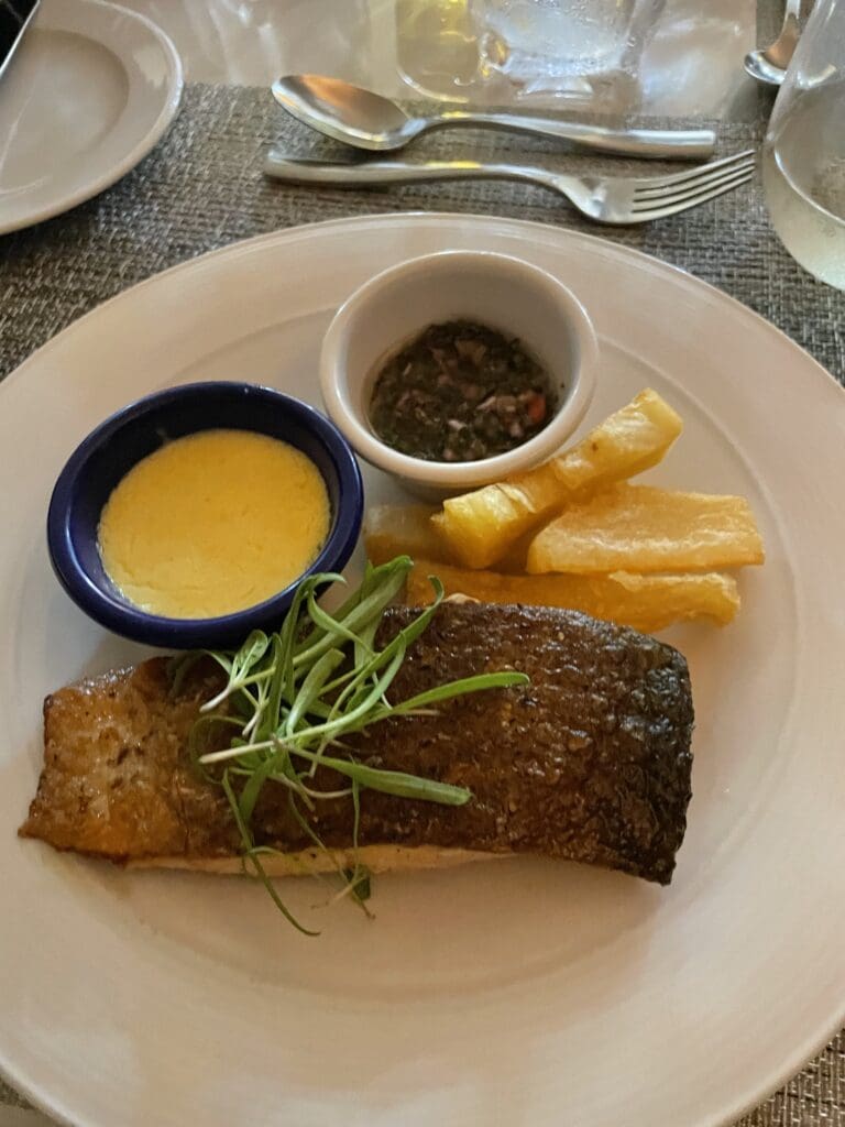 a plate of food with sauce and french fries