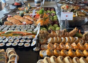 a buffet table full of food
