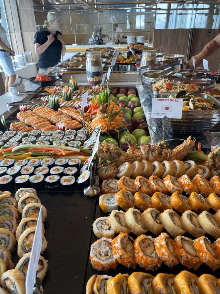 a buffet table full of food