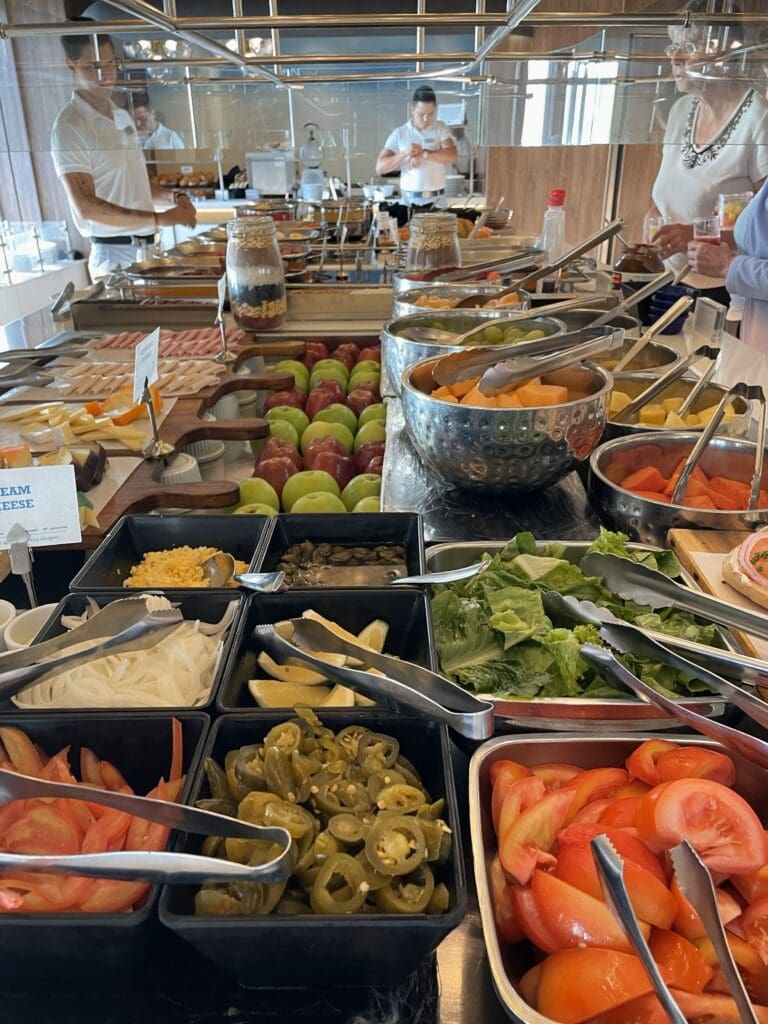 a buffet table full of food