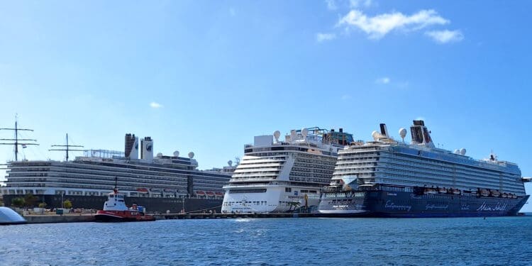 a group of cruise ships in a harbor