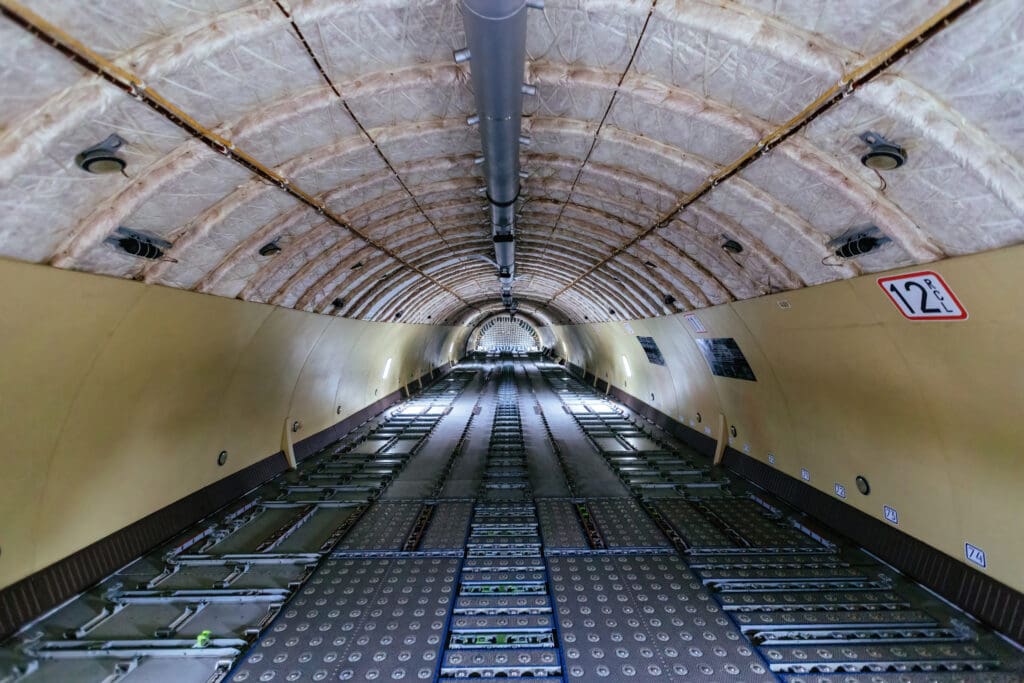 Inside the cargo bay of the aircraft