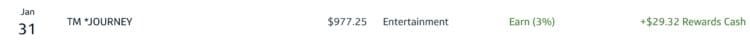 Cashback earned from a Journey concert ticket purchase using a Capital One Savor Cash card