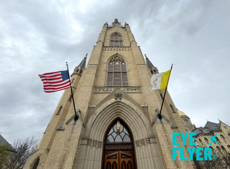 a building with flags on the front