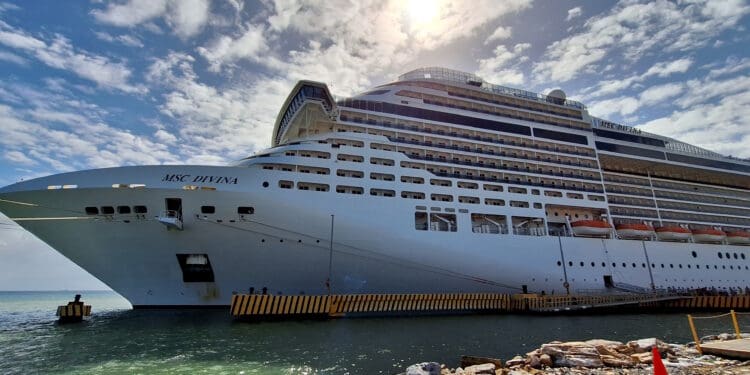 a large cruise ship docked at a dock
