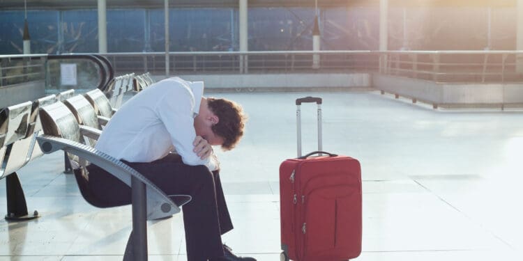 a man sitting on a bench with his head in his hands