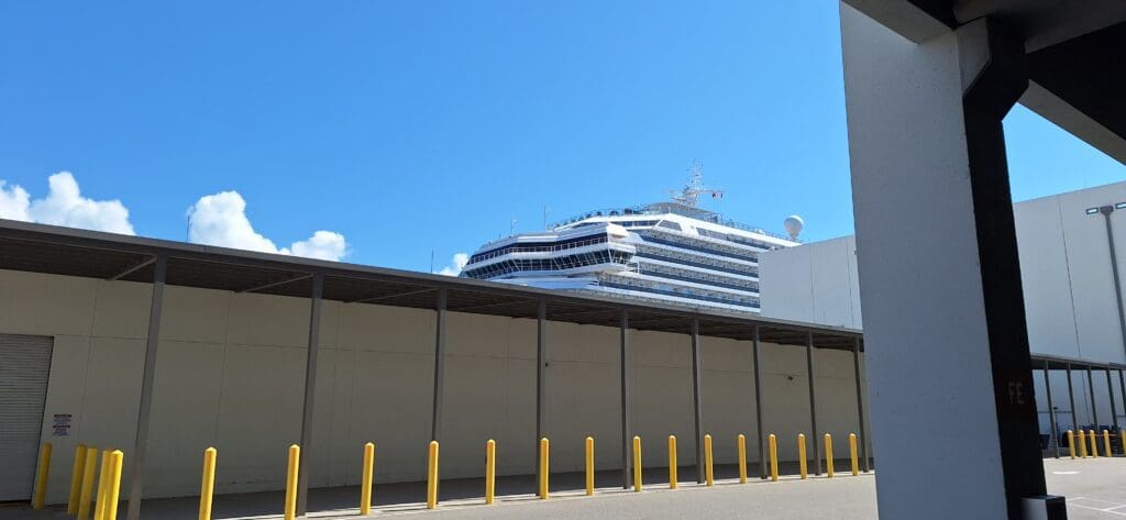 a large cruise ship in the background