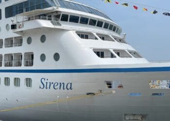 a large white ship docked at a dock