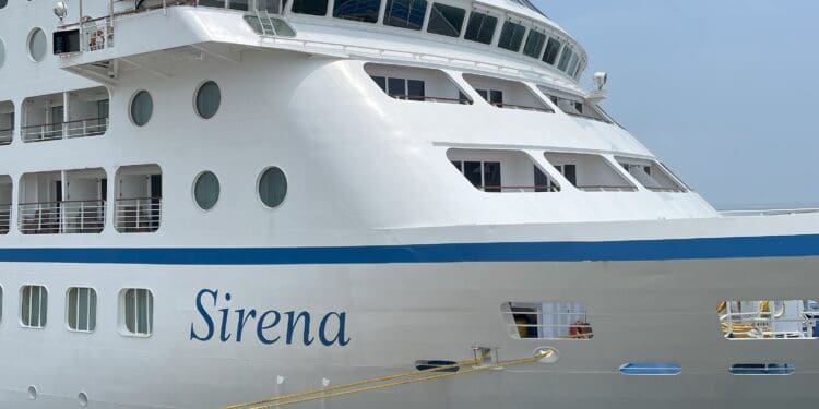 a large white ship docked at a dock