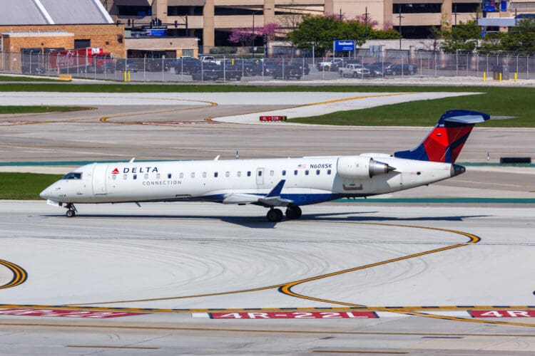 Chicago, United States - May 4, 2023: Delta Connection SkyWest Airlines Bombardier CRJ-700 airplane at Chicago Midway Airport (MDW) in the United States.