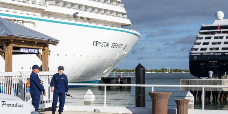 Key West, FL USA "u2013 2021, 11, 27: Ending a 20-month absence of cruise ships into the Port of Key West, FL, Azamara Quest and Crystal Serenity arrived Saturday morning, Nov. 27 amidst welcome signs and no visible protests. Local regulations on size and numbers of passengers still remain in unresolved after voters overwhelming approved a referendum that limited the ship"u2019s size and number of passengers on cruise ships. That referendum was later nullified by a new state law banning cities from regulating marine commerce. The City of Key West is now considering a local ordinance which would be in line with the original intent of the referendum.