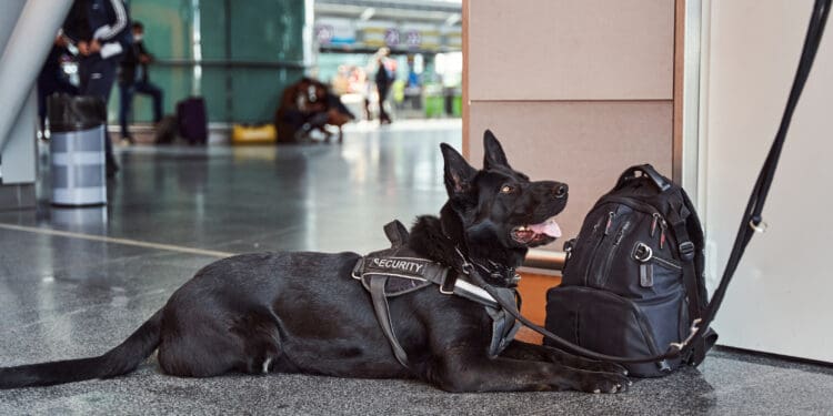 Black Norwegian Elkhound dog lying near backpack while inspecting passenger luggage at airport