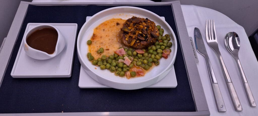 a plate of food on a tray