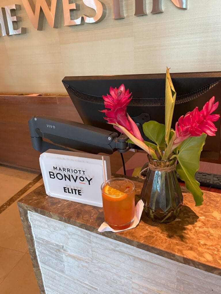 a glass of liquid and flowers on a counter