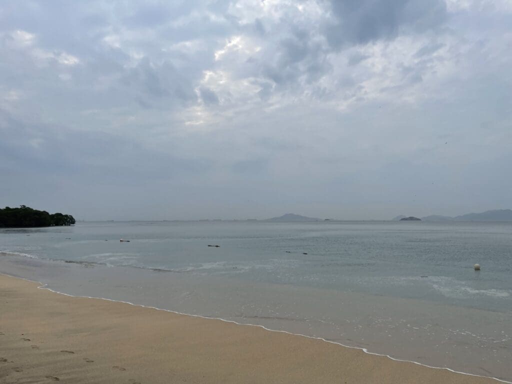 a beach with a body of water and clouds