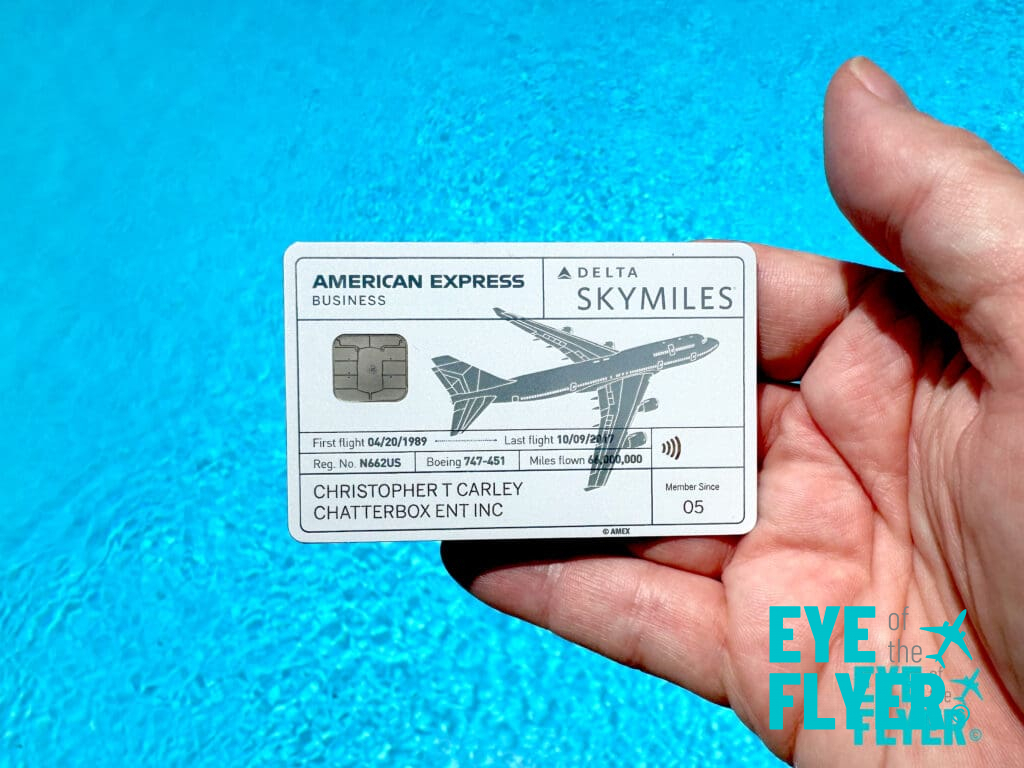 A Delta Reserve Business American Express Card made from a retired Boeing 747 plane.