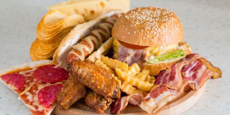 Burgers, fries, wings, bacon, and pizza.