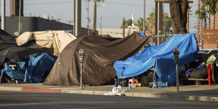 View of the homeless encampments along Central Avenue in Downtown Los Angeles, California.