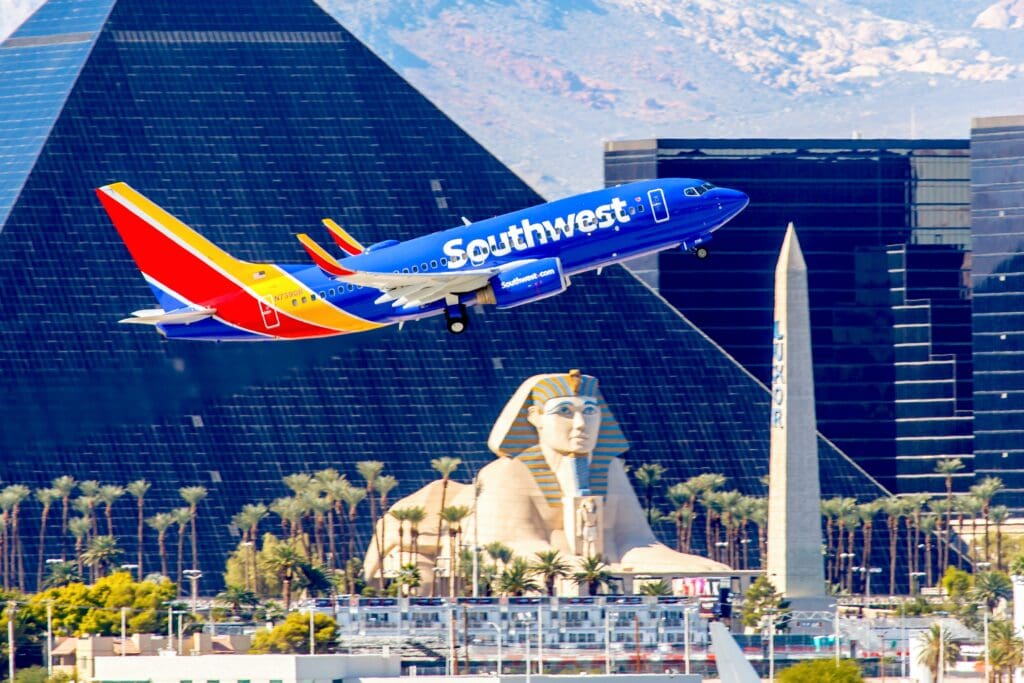 Las Vegas, NV, USA- November 3, 2014: Boeing 737 Southwest Airlines takes off from McCarran International Airport in Las Vegas, NV on November 3, 2014. Southwest is a major US airline and the world's largest low-cost carrier. It is the largest operator of the 737 worldwide.