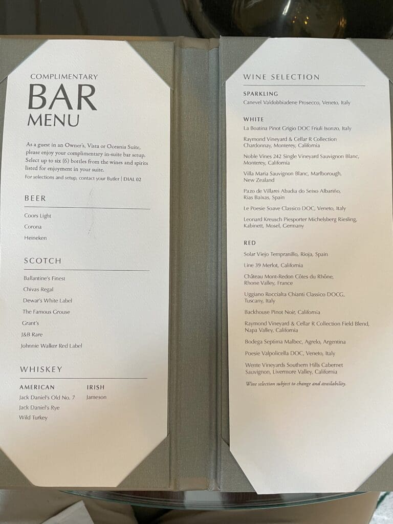 a menu of a bar