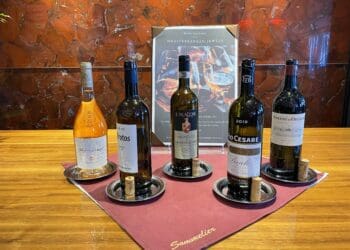 The image shows five bottles of wine displayed on a wooden surface. Each bottle is placed on a small round tray with a cork beside it. In the background, there is a sign titled "Wine Tasting Mediterranean Jewels" with an image of wine glasses. The setting appears to be a wine tasting or display area with a rich, textured red-brown wall.