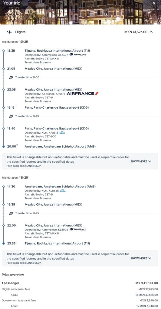 SkyTeam business class mileage run from Tijuana to Amsterdam