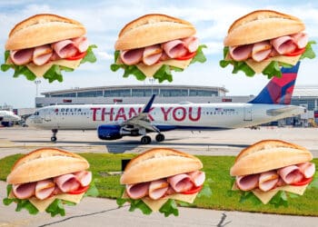 Ham sandwiches superimposed with a Delta Air Lines A321 (Delta Air Lines A321: ©iStock.com/Kirk Hewlett. Ham sandwich: ©iStock.com/olgna. EyeOfTheFlyer.com composite.)