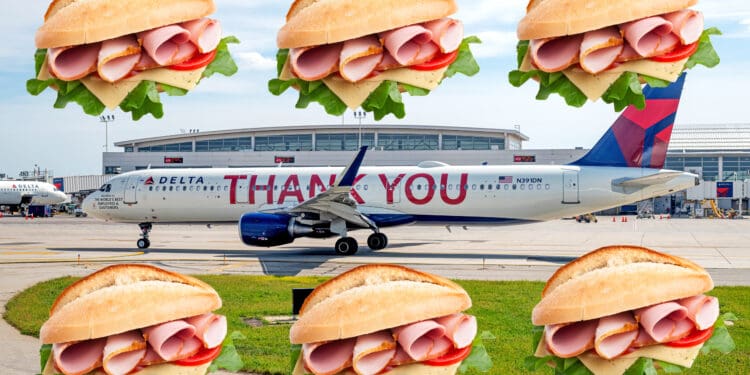 Ham sandwiches superimposed with a Delta Air Lines A321 (Delta Air Lines A321: ©iStock.com/Kirk Hewlett. Ham sandwich: ©iStock.com/olgna. EyeOfTheFlyer.com composite.)