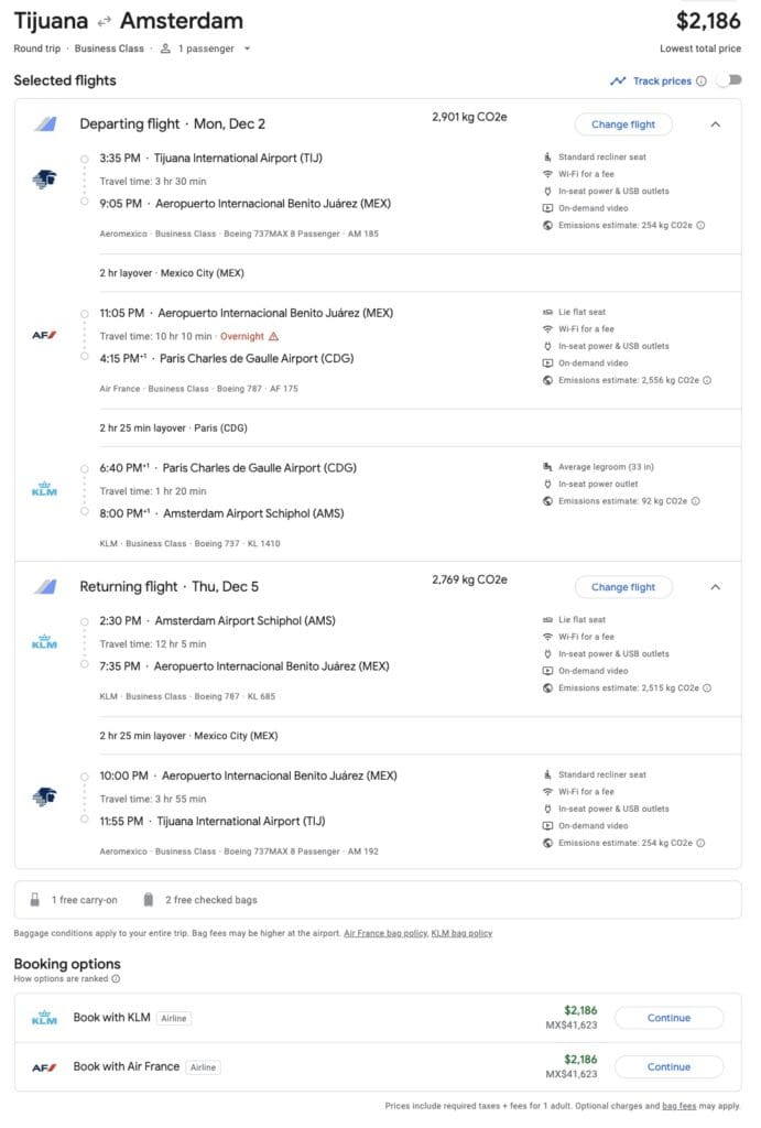 SkyTeam business class mileage run from Tijuana to Amsterdam