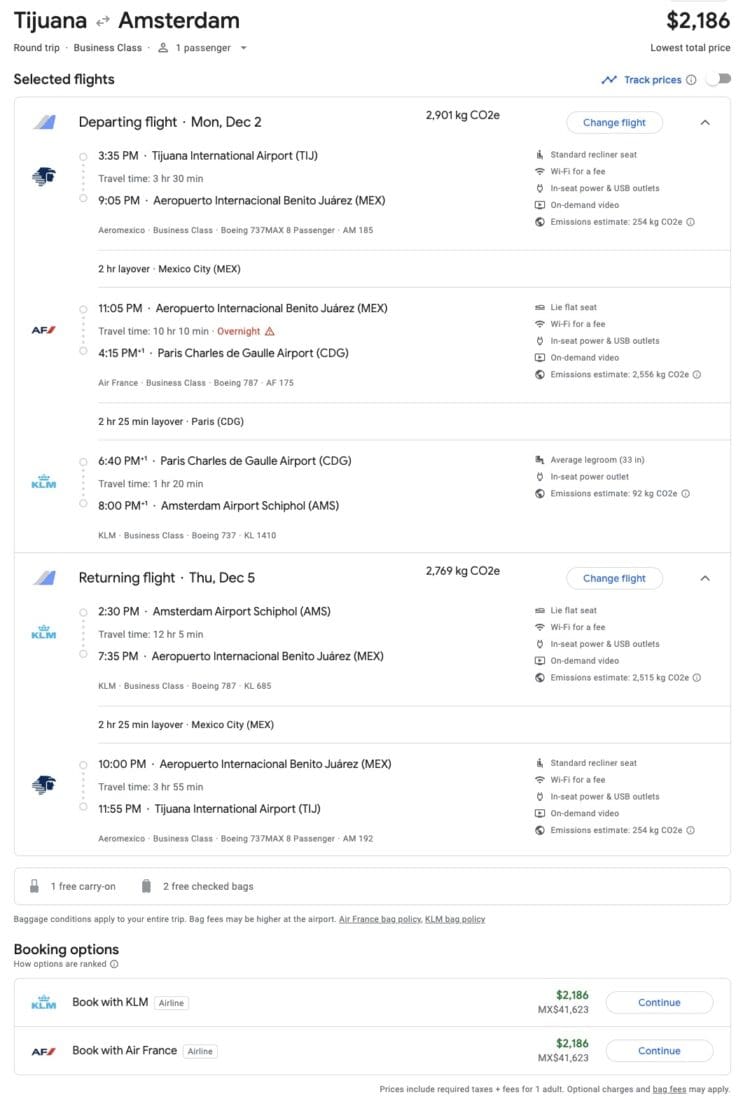 SkyTeam business class mileage run from Tijuana to Amsterdam