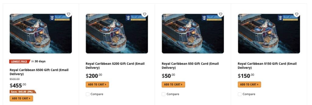 A Royal Caribbean gift card sale at Newegg