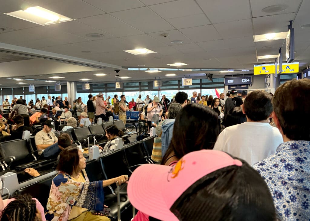 Southwest Airlines passengers line up to board a flight at Harry Reid International Airport (LAS) in Las Vegas, Nevada.