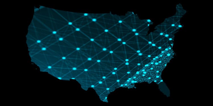 USA map with many network connections, 3d rendering computer generated background