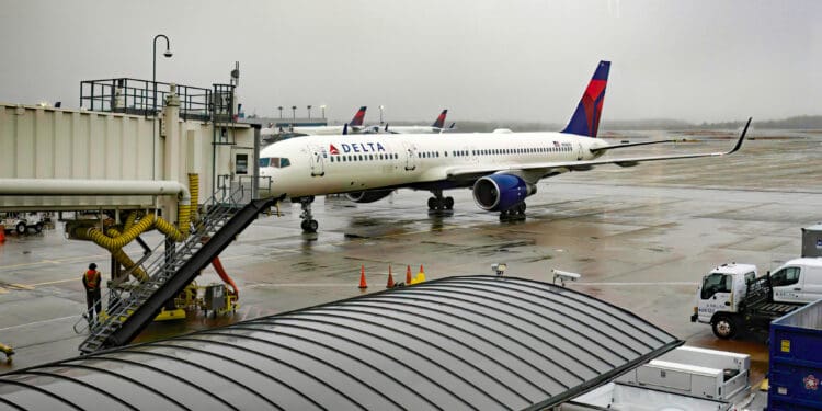 ATLANTA, GA, U.S.A. - JAN. 24, 2024: Taken from an indoor waiting area, a Delta airplane pulls up to a jetway at Hartsfield-Jackson International Airport. The airline is headquartered in Georgia.