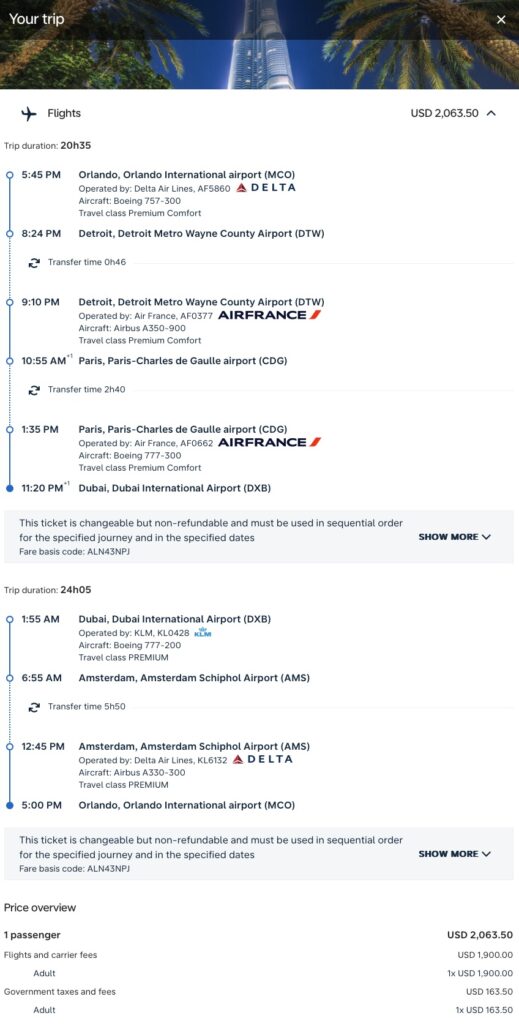 SkyTeam mileage run from Orlando to Dubai