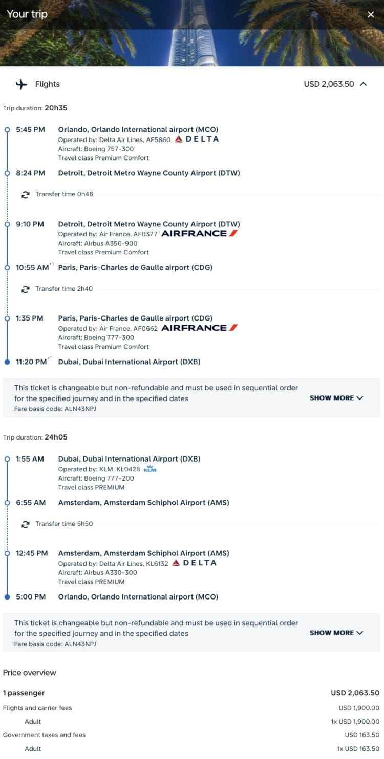 SkyTeam mileage run from Orlando to Dubai