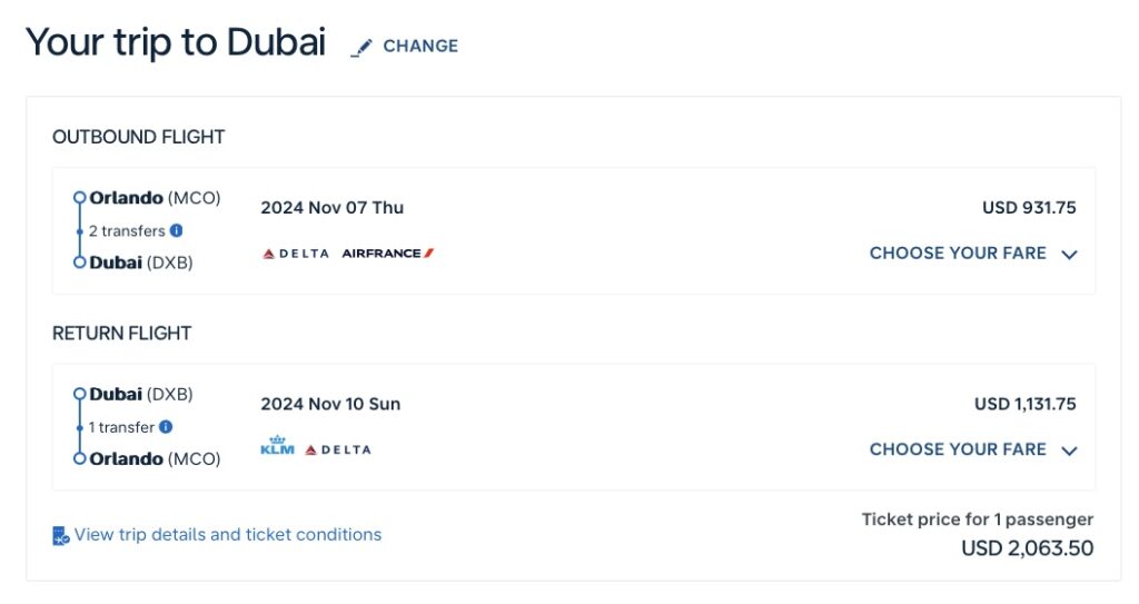 SkyTeam mileage run from Orlando to Dubai