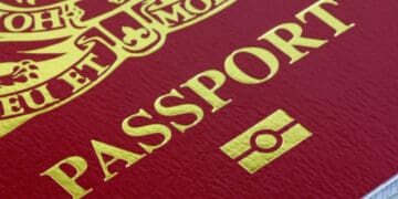 A close up of a biometric UK passport cover