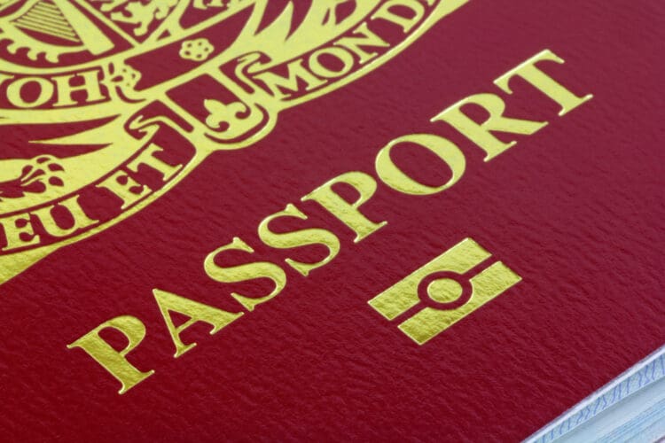 A close up of a biometric UK passport cover