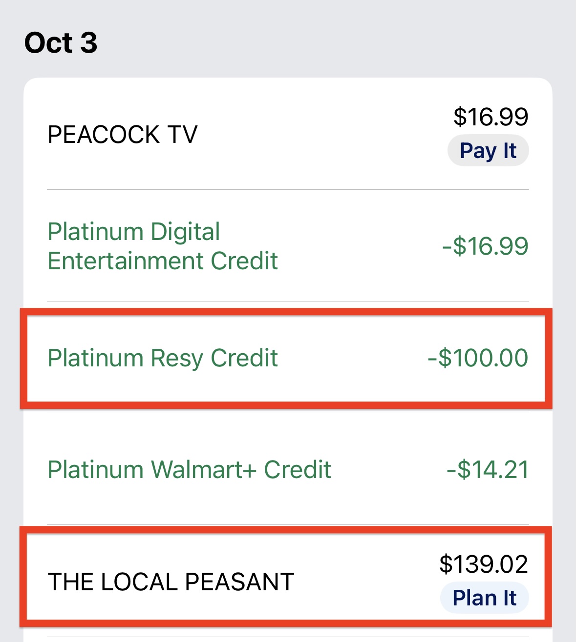 The image shows a financial statement with transactions dated October 3. It includes:

- A charge for "PEACOCK TV" costing $16.99 with an option to "Pay It."
- A "Platinum Digital Entertainment Credit" of -$16.99.
- A "Platinum Resy Credit" of -$100.00, highlighted with a red border.
- A "Platinum Walmart+ Credit" of -$14.21.
- A charge for "THE LOCAL PEASANT" costing $139.02 with an option to "Plan It," also highlighted with a red border.