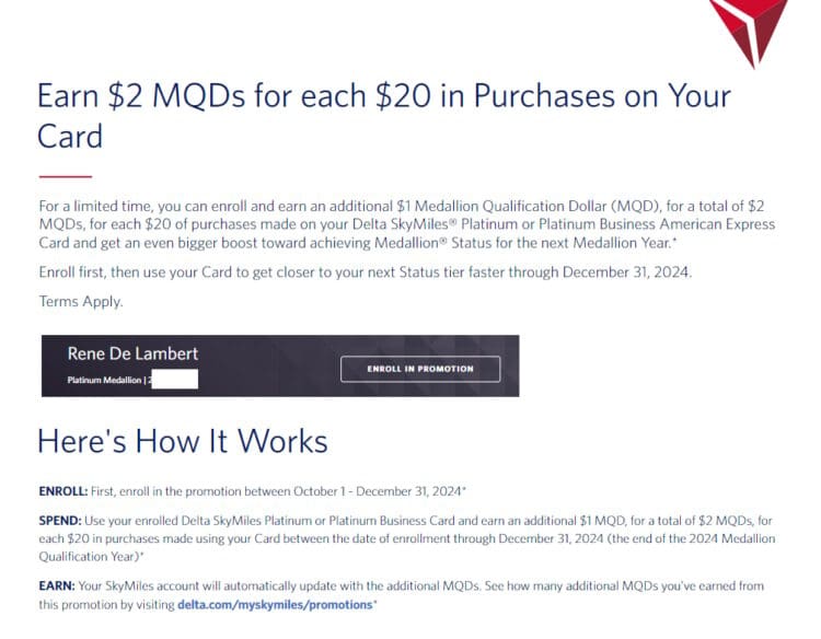 Some Delta SkyMiles® American Express Card Members can earn double Medallion® Qualification Dollars (MQD) for spending on their targeted cards.