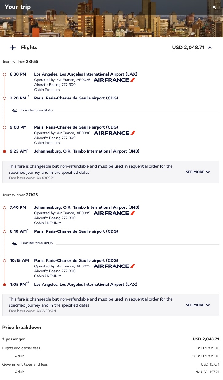 Los Angeles (LAX) to Johannesburg (JNB) Premium Economy Trip for Delta MQD